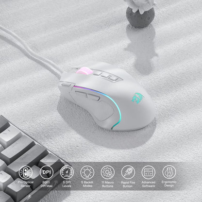 M612 Predator RGB Gaming Mouse 8000 DPI Wired Optical with 11 Programmable Buttons, White