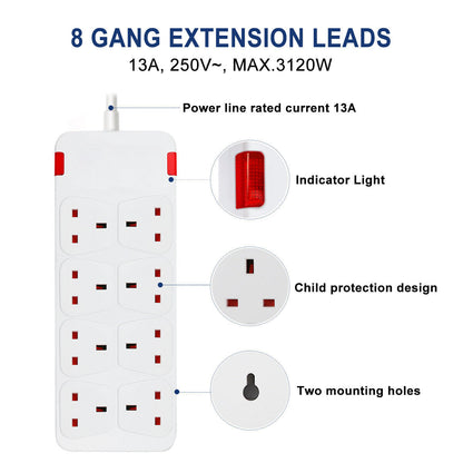 Extension Lead Cable Electric Plug Socket UK Mains Power 2 4 6 8 Gang Way Black