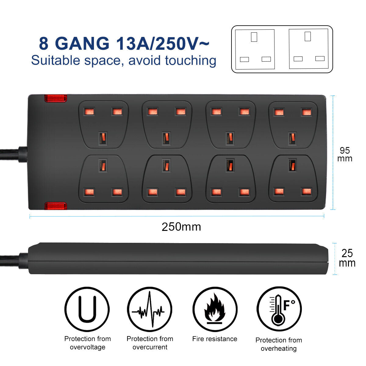Extension Lead Cable Electric Plug Socket UK Mains Power 2 4 6 8 Gang Way Black